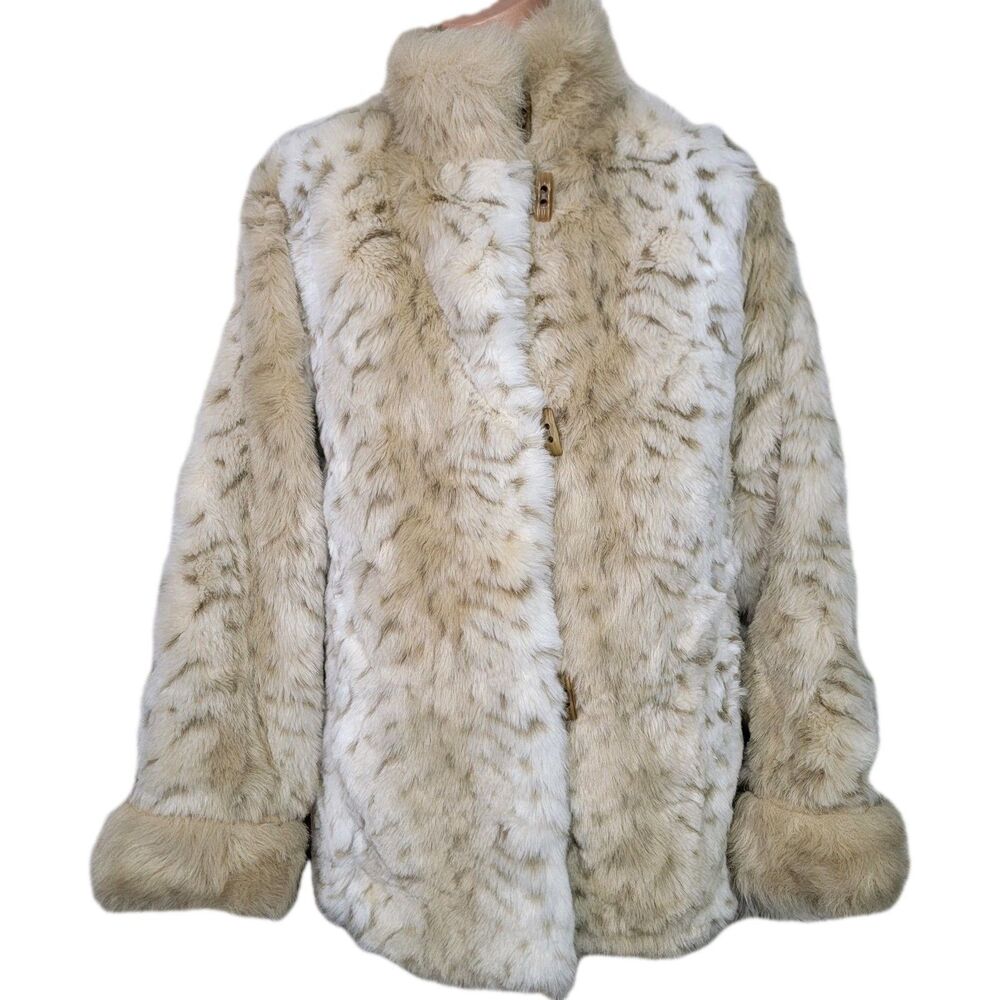 Vtg TravelSmith Faux Fur Coat Snow Leopard Womens Size S Toggle Button Oversized